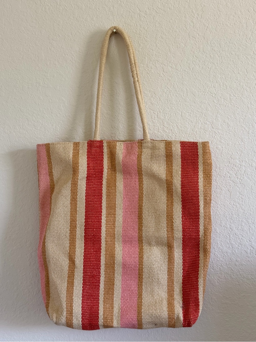 a new day Striped Woven Tote in Pink, Red and Tan